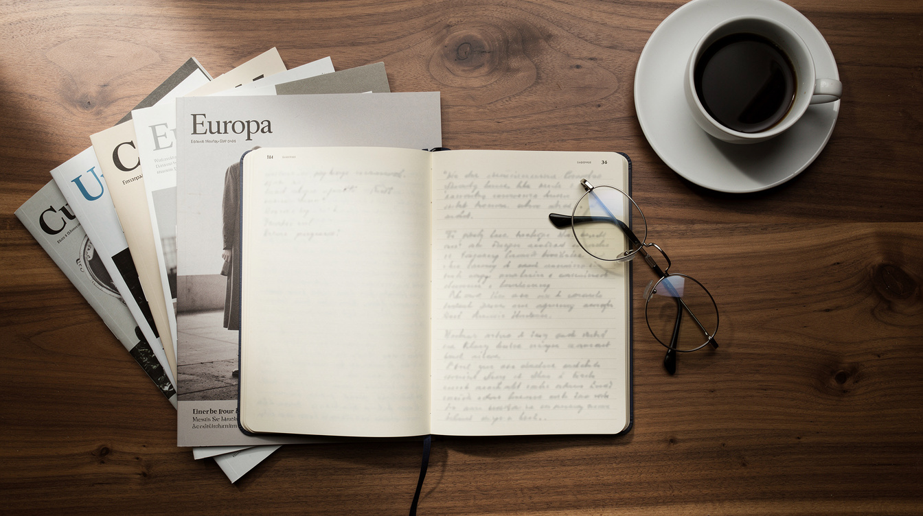 Flat lay of magazines, notebook, and reading glasses on a wooden desk